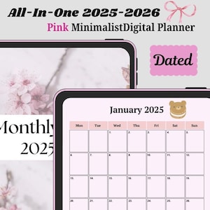 Op de afbeelding: Een roze digitale planner voor 2025-2026, met een minimalistisch ontwerp. De planner toont een maandelijkse kalenderweergave, met januari 2025 zichtbaar. De omslag bevat de tekst "All-In-One" en "Pink Minimalist Digital Planner".