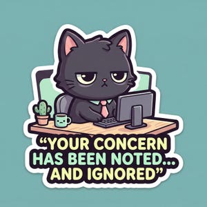Op de afbeelding: Een sticker met een cartoon zwarte kat met een roze stropdas, zittend aan een bureau met een computer. Een cactus en een mok staan op het bureau. De tekst luidt: "UW BEZORGHEID IS GENOTEERD... EN GEÏGNOREERD."