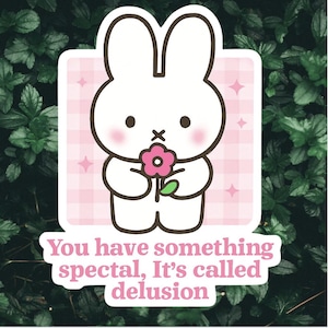 Adesivo de coelho engraçado com ilusão – Adesivo de vinil fofo e kawaii, citação sarcástica, adesivo rosa pastel à prova d'água, flor de coelho