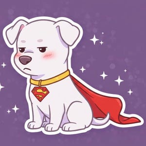 May include: A white cartoon dog wearing a red cape and a gold collar with a red and yellow emblem. The dog has a slightly grumpy expression with pink cheeks, against a purple background with white star accents.