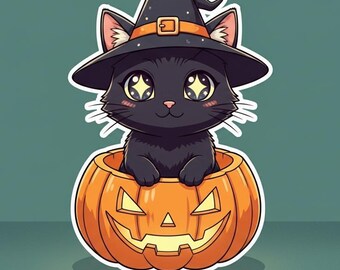 Kawaii Witch Cat Sticker: Spooky Halloween Pumpkin Decal