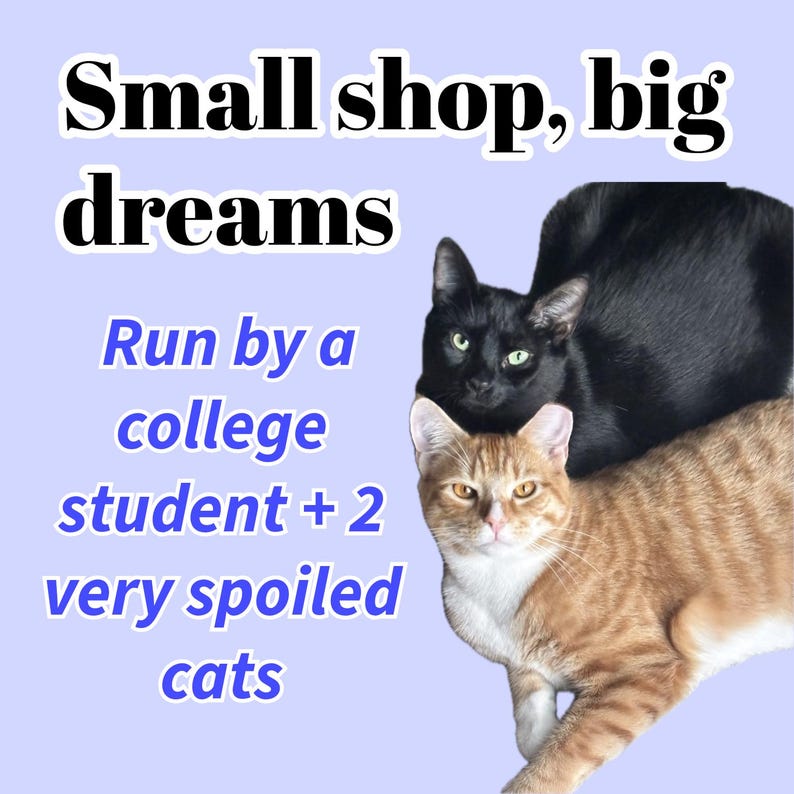 May include: Image with text that reads "Small shop, big dreams. Run by a college student + 2 very spoiled cats." Two cats, one black and one orange tabby, are in the image.