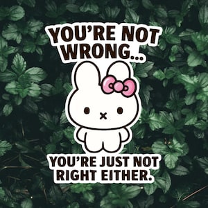 Sticker grappige sarcastische konijntje - "Not Wrong Not Right" kawaii konijn vinyl sticker, schattige waterdichte laptop- en plannersticker
