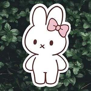 Cute Bunny Sticker with Pink Bow | Kawaii White Rabbit Vinyl Decal | Pastel Aesthetic Laptop Sticker for Kids & Adults