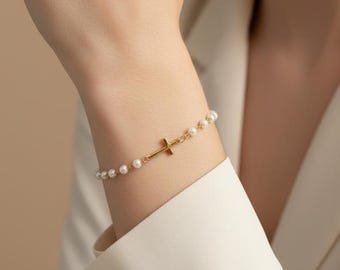 Gold/Silver Pearl Cross Bracelet, Rosary Pearl Bracelet with Cross Charm, Minimalist Pearl Cross Gold/Silver Bracelet, Gift for Girl/Women