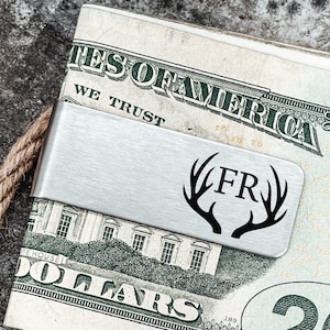 Antlers Money Clip Cartera de hombre personalizada Iniciales Woodsman Deer Money Wallet Personal Money Wallet Clip papá abuelo Antler Buck Hunting