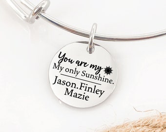 You Are My Only Sunshine Personalized Bangle Bracelet Gift For Mom Grandma Sunshine Kids Love Personal Mothers Day Birthday Mom Dad Gift