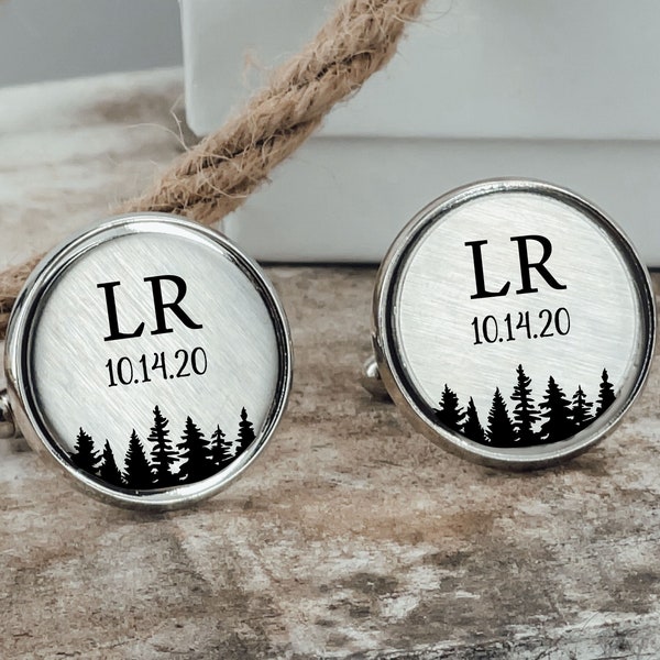 Personalized Cuff Links Forest Cufflinks Set Gift For Him Men Wedding Gift Idea Mountain Scene Personalized Initial Tree Design Cufflinks