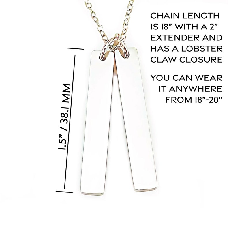 May include: A silver necklace with two rectangular pendants. The chain is 18 inches long with a 2 inch extender and a lobster claw closure. The necklace can be worn from 18 to 20 inches.