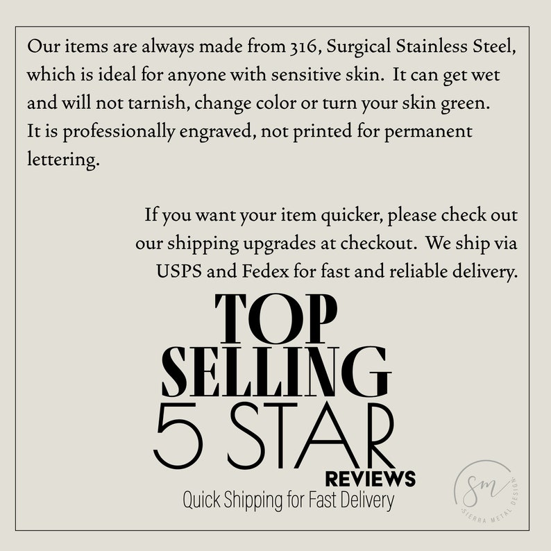 May include: A white background with black text that reads "Top Selling 5 Star Reviews" and "Quick Shipping for Fast Delivery". The text is in a bold, sans-serif font. There is a small logo in the bottom right corner that reads "Sierena Metal Design".