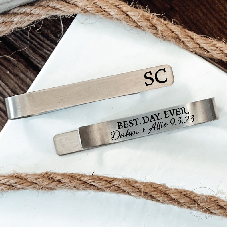 Personalized Initials Tie Clip Wedding Day Tie Clip Best Day Ever Tie Clip For Groom Gift From Bride Groom Tie Bar Personalized Men Tie Bar image 1
