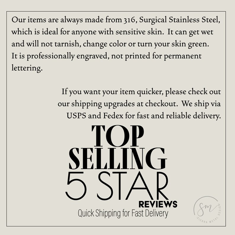 May include: A white background with black text that reads "Top Selling 5 Star Reviews" and "Quick Shipping for Fast Delivery". The text is in a bold, sans-serif font. There is a small logo in the bottom right corner that reads "Sierena Metal Design".