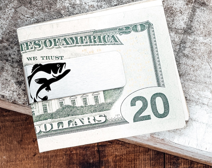 Fish Money Clip Personalized Men's Wallet Initials Bass Fisherman Angler Money Wallet Personal Fly Fishing Money Wallet Clip Fish Hobbies