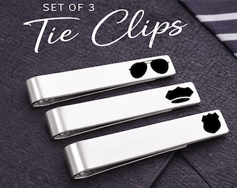 Police Tie Clip Set for Men – Stainless Steel Law Enforcement Tie Clips with Badge, Handcuffs & Thin Blue Line – Police Gift for Him