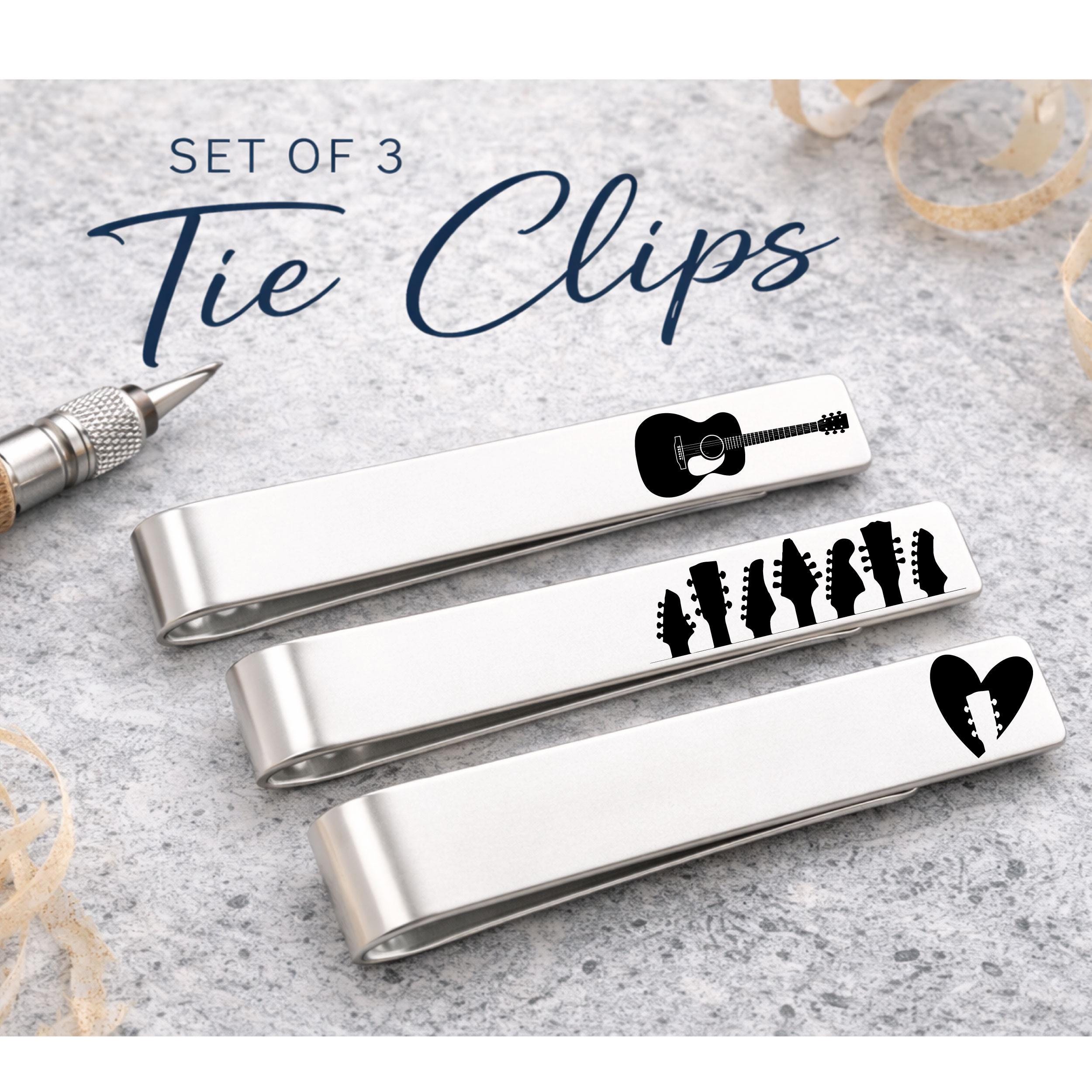 Guitar Tie Clip Set for Men - Stainless Steel Guitar Player Tie Clips with Guitar, Pick & Music Note - Musician Gift