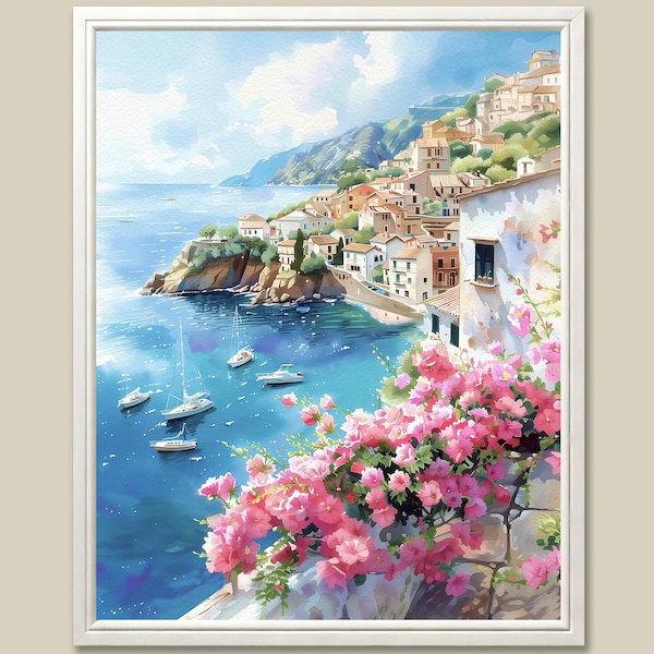 Positano Hibiscus Watercolor Print: Amalfi Coast Seascape Art