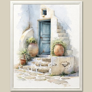May include: A watercolor painting of a white building exterior featuring a blue wooden door, stone steps, and two large terracotta pots containing green plants. The scene includes a cobblestone ground and a small window above the door.