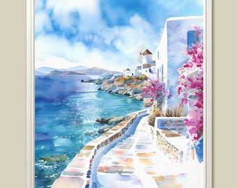 Mykonos Watercolor Art Print: Greek Island Seascape Travel Poster