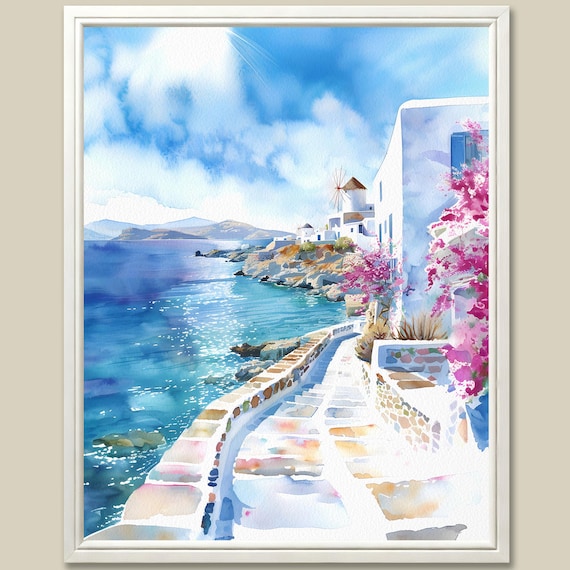 Mykonos Watercolor Art Print: Greek Island Seascape Travel Poster