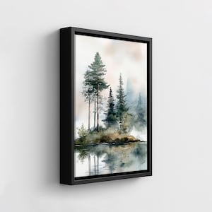Misty Forest Lake Art Print: Watercolor Pine Tree Landscape image 11