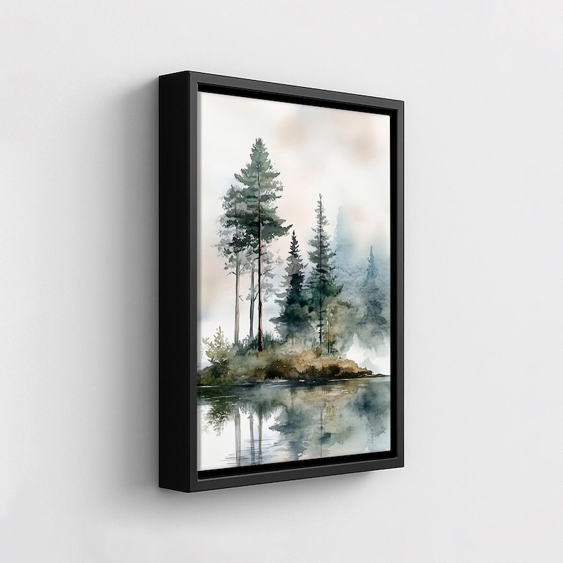 Misty Forest Lake Art Print: Watercolor Pine Tree Landscape image 11