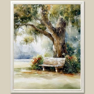 May include: Watercolor painting of a park scene with a large tree, bench, and greenery. The artwork features a wooden bench under the tree's shade, with red and green bushes. The painting is framed in a white border.