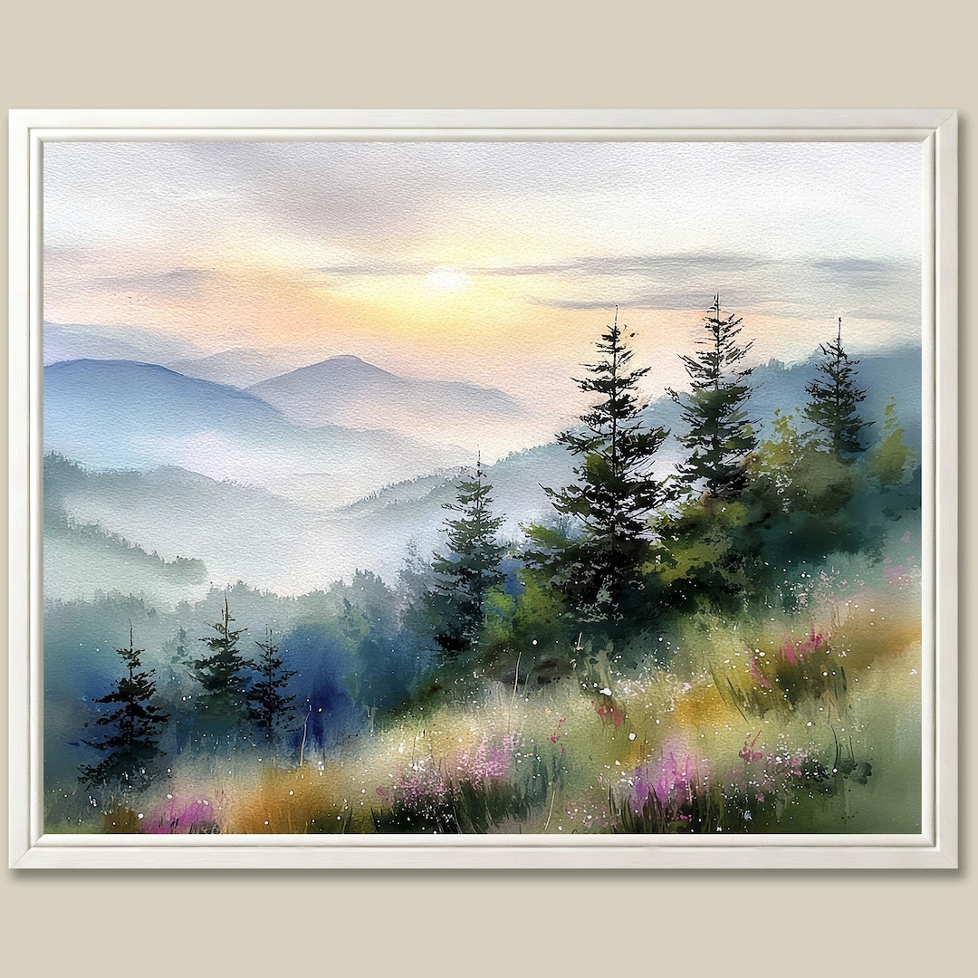 Smoky Mountains Art Print Sunrise Watercolor Painting Misty Pine Forest ...