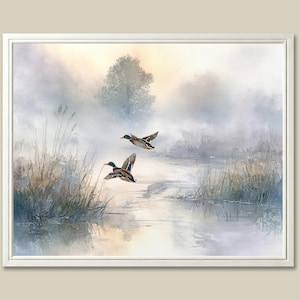 Mallard Ducks Watercolor Art Print, Misty Marsh Landscape