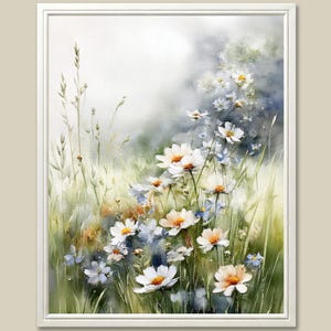 Daisies Watercolor Art Print: Spring Meadow Landscape