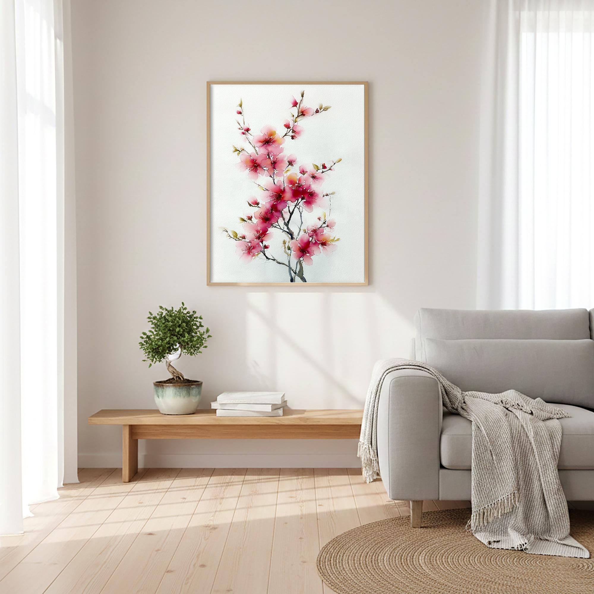 Cherry Blossom Branch Art Print Pink Sakura Watercolor Painting Floral ...