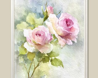 Pink Roses Watercolor Art Print Neutral Floral Botanical Wall Art Vintage Flower Decor