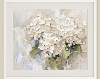 Hydrangea Oil Painting Art Print: Neutral Beige Floral Wall Decor