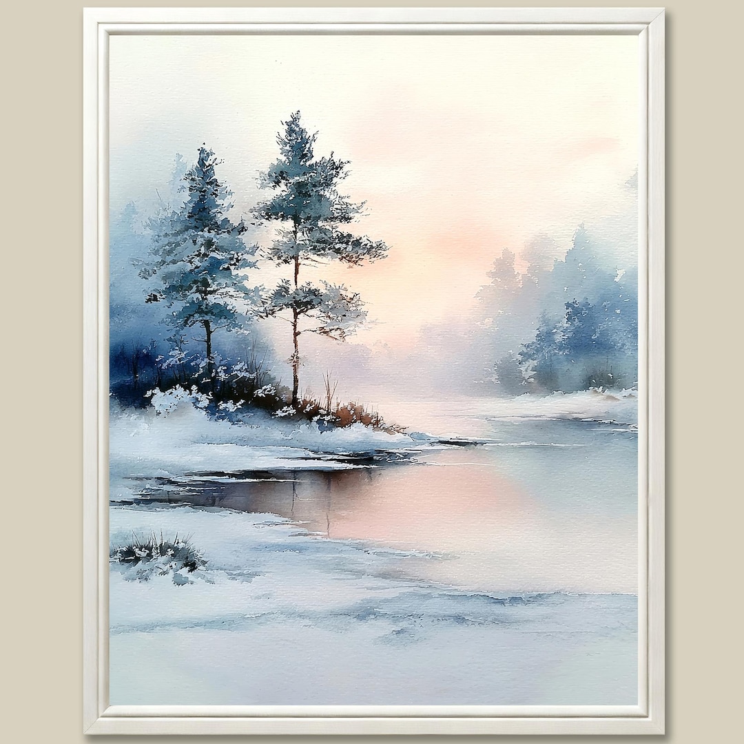 Snowy Pine Trees Art Print Lake Watercolor Painting Winter Sunrise ...