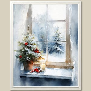 May include: Watercolor painting of a snowy winter scene. A small Christmas tree with red berries sits in a pot on a windowsill. A lit candle and a view of snow-covered trees outside the window complete the holiday theme.