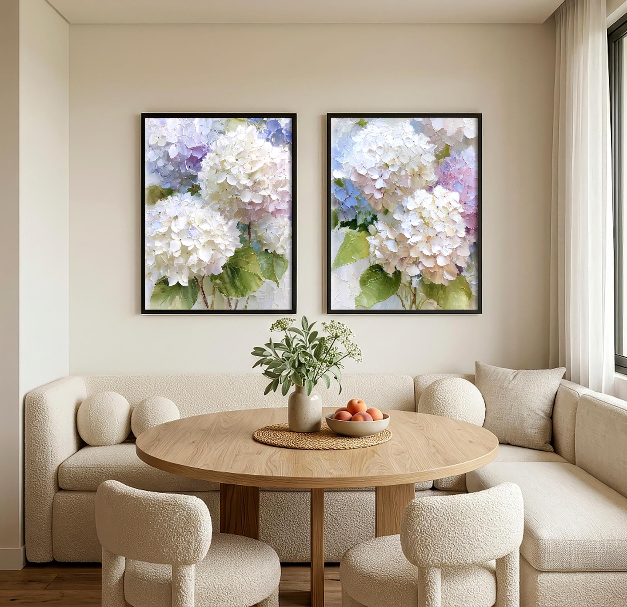 Hydrangea Oil Painting Print Set of 2 Pastel Floral Wall Art Cottage ...