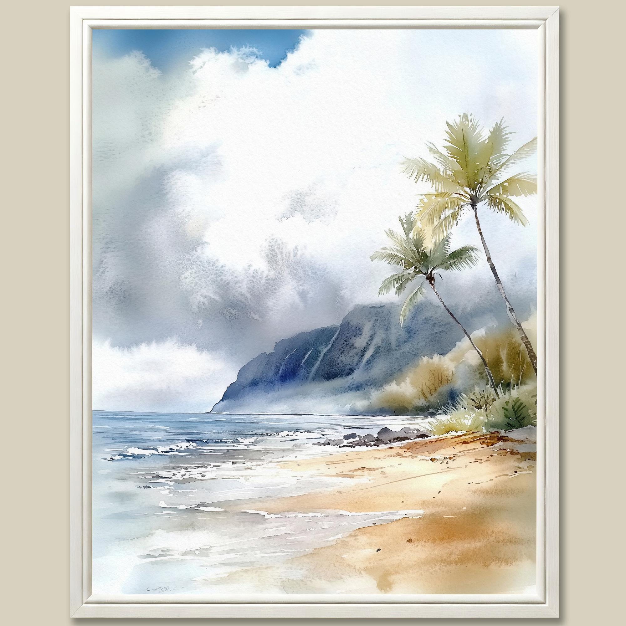 Hawaii Painting Watercolor Seascape Art Print Tropical Beach Wall Art Palm Tree Poster Hawaiian Coastal Wall Decor