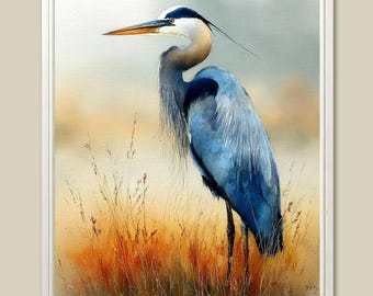 Great Blue Heron Painting Marsh Bird Watercolor Art Print Coastal Wall Art