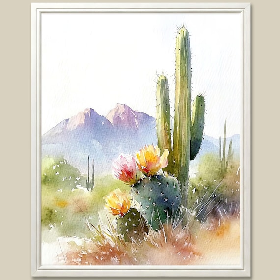 Saguaro Cactus Watercolor Art Print: Sonoran Desert Landscape