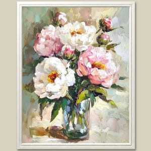 Pintura de peonías, flores de primavera en jarrón, impresión artística, bodegón, arte mural, póster de ramo floral, decoración de pared botánica estilo cottagecore