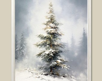 Winter Pine Tree Watercolor Art Print: Snowy Forest Landscape