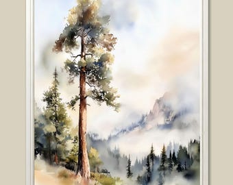Misty Mountain Pine Tree Watercolor Art Print: Yosemite Landscape