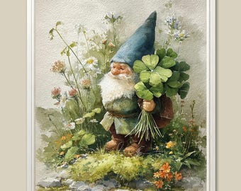 Impresión artística de acuarela de gnomo de la suerte - Decoración cottagecore del Día de San Patricio