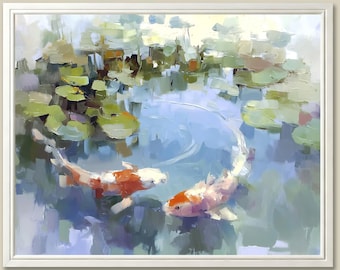 Koi Fish Pond Art Print: Lily Pads Zen Landscape
