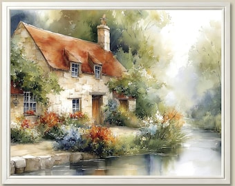 English Cottage Watercolor Art Print: Rustic Country House Landscape