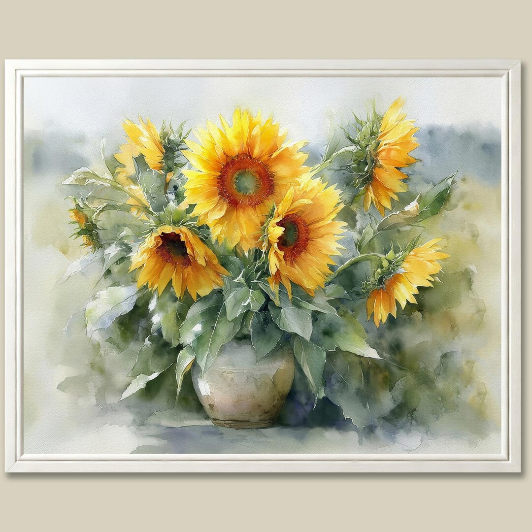 Sunflower Watercolor Art Print Yellow Bouquet in Vase Floral Wall Art ...