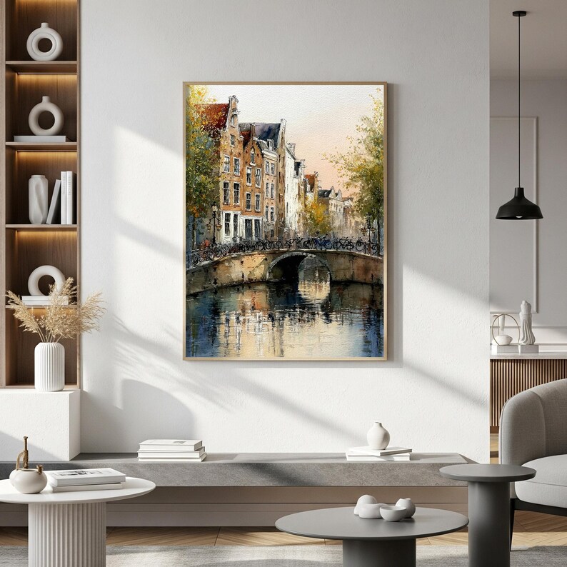 Amsterdam Canal Watercolor Art Print: Dutch House European Cityscape - Etsy