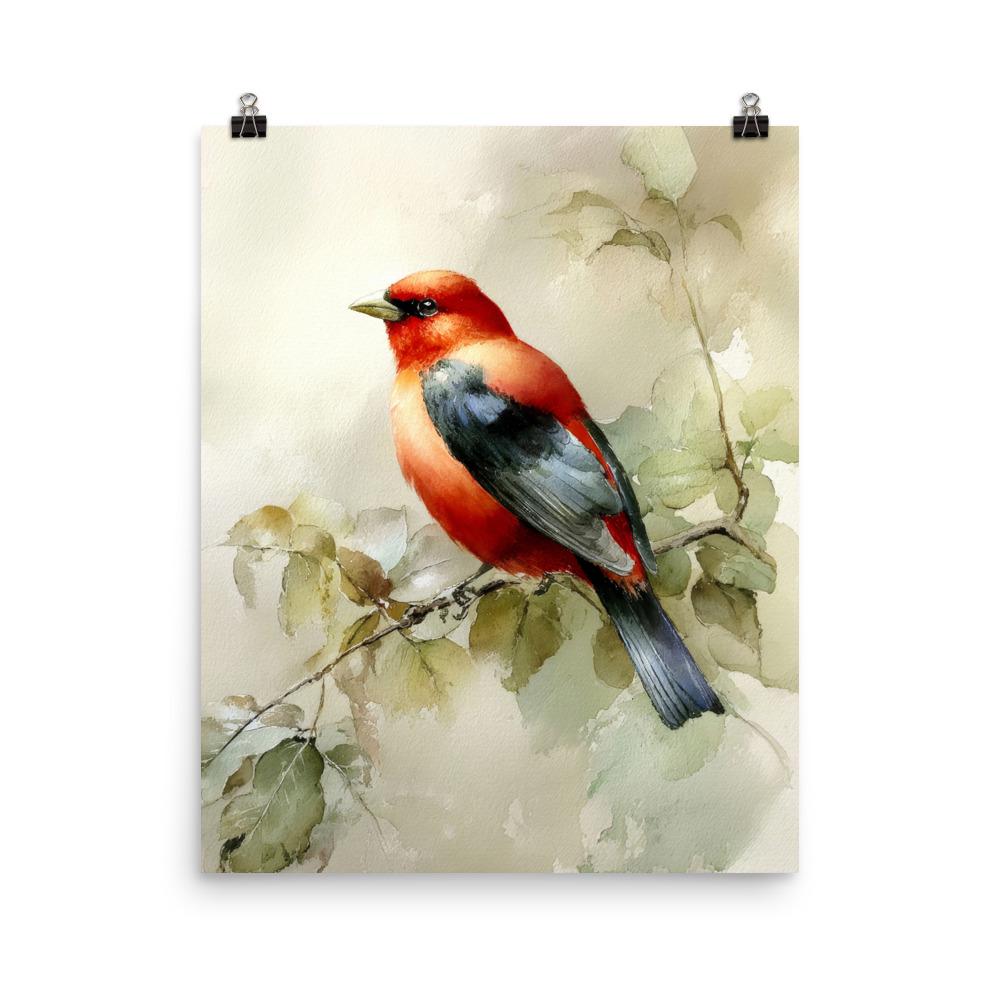 Scarlet Tanager Watercolor Art Print Red Bird on Branch Wall Art - Etsy