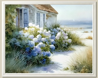 Cape Cod Coastal Cottage Watercolor Art Print Hydrangea Garden New England Landscape Wall Art