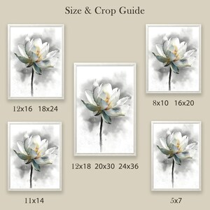 May include: Watercolor art prints of a white lotus flower with yellow and blue accents, displayed in various framed sizes. The prints are set against a soft gray background, with the text "Size & Crop Guide" at the top.