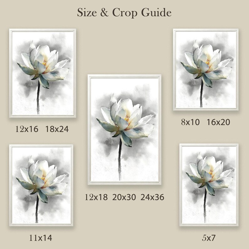 May include: Watercolor art prints of a white lotus flower with yellow and blue accents, displayed in various framed sizes. The prints are set against a soft gray background, with the text "Size & Crop Guide" at the top.